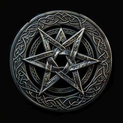 Intricate silver pentagram medallion with ornate design

