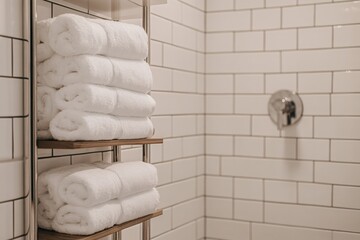 Poster - A set of white towels rolled and placed on a wooden shelf in a bathroom with white subway tiles, combining functionality with a touch of natural warmth.