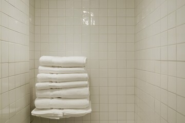 Poster - Image showcases neatly stacked white towels in a bathroom corner with white tiles, evoking a sense of cleanliness, orderliness, and modern interior design.