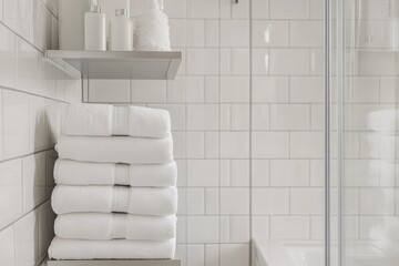 Poster - A neat stack of white towels is showcased on a minimalist shelf in a modern bathroom setting, complemented by white subway tiles and a clean aesthetic.