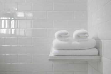 Poster - This image features neatly folded white towels on a shelf against a backdrop of glossy white subway tiles, presenting a clean and stylish bathroom scene.