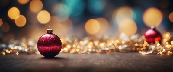 Wall Mural - Christmas sparkling blurred background with Christmas baubles and bokeh. Luxury header design