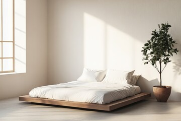 Poster - A minimalist bedroom featuring a wooden platform bed frame, white bedding, and a potted plant, bathed in natural light from a large window creating a serene atmosphere.