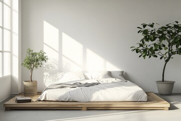 Aufkleber - A contemporary bedroom showcasing a wooden platform with a soft bed, accompanied by large windows allowing abundant natural light and greenery for a fresh ambiance.