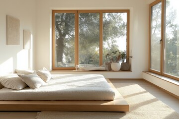 Poster - A peaceful bedroom showcasing large windows, a wooden platform bed, white bedding, and potted plants, all contributing to a bright and serene living space.