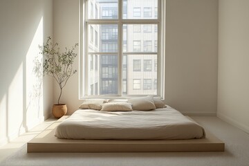 Leinwandbilder - A serene bedroom with minimal decor, featuring a wooden platform bed, large windows providing ample natural light, and a potted plant to enhance the calm atmosphere.