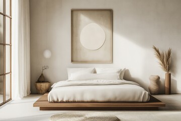Aufkleber - A minimalist bedroom featuring a wooden platform bed, soft linens, and abstract wall art, with natural decor elements creating a calming and serene atmosphere.