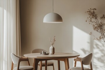 Leinwandbilder - A Scandinavian dining area with a round wooden table, comfortable chairs, a stylish pendant light, dried plants in a vase, and soft natural lighting creating a peaceful ambiance.