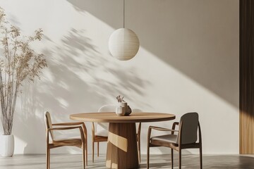 Wall Mural - An elegant dining space featuring a round wooden table, matching wooden chairs, a pendant light, decorative vases, large windows allowing natural light, and simple decor.