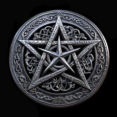 Intricate silver pentagram medallion with ornate design

