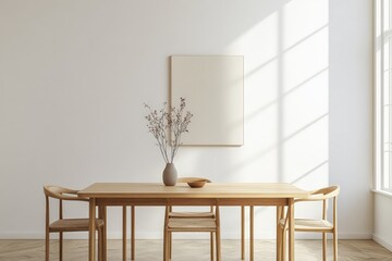 A bright dining room is characterized by a wooden table and chairs, an elegant vase with branches, and a minimalist wall art, all bathed in natural light from nearby windows.