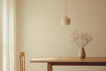 Poster - A minimalistic dining layout featuring a wooden table, a single chair, and a vase with delicate branches, all softly illuminated by natural light from a nearby window.