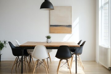 Leinwandbilder - A contemporary dining room features a wooden table with mixed modern chairs, a black pendant light overhead, and an abstract wall art, all highlighted by natural light.