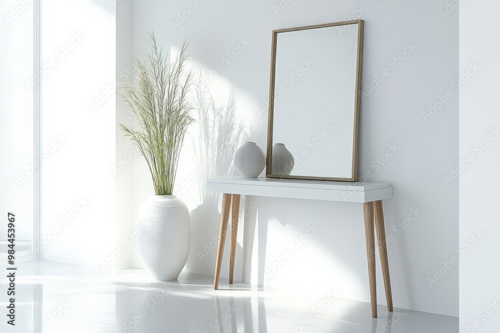Modern minimalist home decor featuring a white console table with a ...