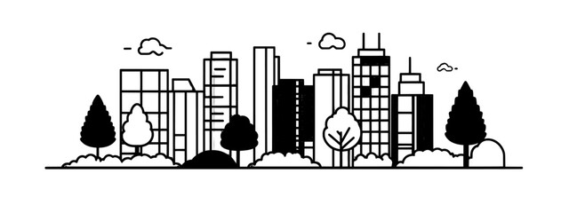 Wall Mural - An isolated minimalist illustration of a modern cityscape. Immerse yourself in the panoramic view of Metropolis architecture. Seoul skyscrapers hand drawn silhouette.