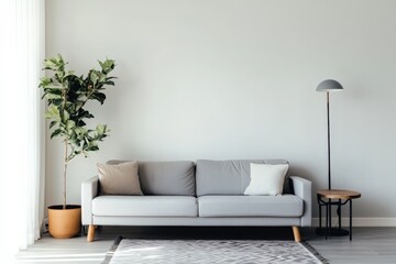 Poster - A minimalist living room featuring a gray sofa accompanied by neutral cushions, a round wooden side table, and floor lamp, set against a plain wall with a large green plant.