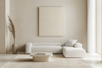 Aufkleber - A contemporary minimalist living room featuring a sectional white sofa, an abstract artwork piece on the wall, and a sleek rectangular coffee table, bathed in soft natural light from large windows.