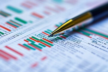 Wall Mural - A close-up of financial data with a gold pen resting on stock market charts in a well-lit office setting during the daytime