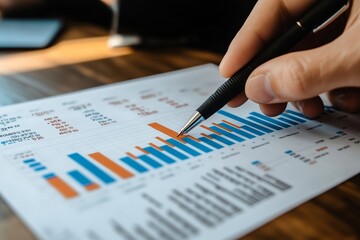 Poster - Analyzing financial growth trends with charts and graphs on a wooden desk during office hours
