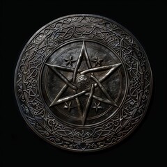 Intricate silver pentagram medallion with ornate design

