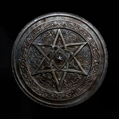 Intricate silver pentagram medallion with ornate design

