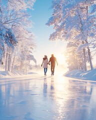 Couple Walking Hand in Hand on a Snowy Path in Winter Wonderland