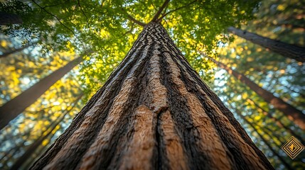 Canvas Print - Low angle view of a tall tree trunk in a forest, sunlight filtering through the leaves.