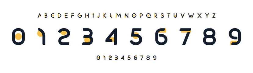 Poster - Modern minimalist typeface, playful geometric cuts, bold rounded numbers and letters for tech logos, sleek headlines, digital sports branding, jersey numbers, team merchandise. Vector typeset