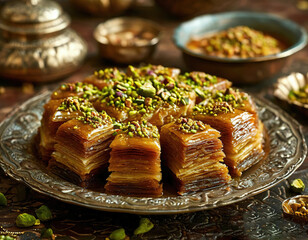 oriental sweet baklava with nuts served on a beautiful patterned plate.