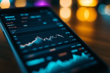 Poster - Close-up of a smartphone displaying stock market trends and data analysis in a dimly lit setting with colorful bokeh lights in the background
