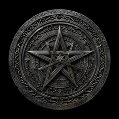 Intricate silver pentagram medallion with ornate design

