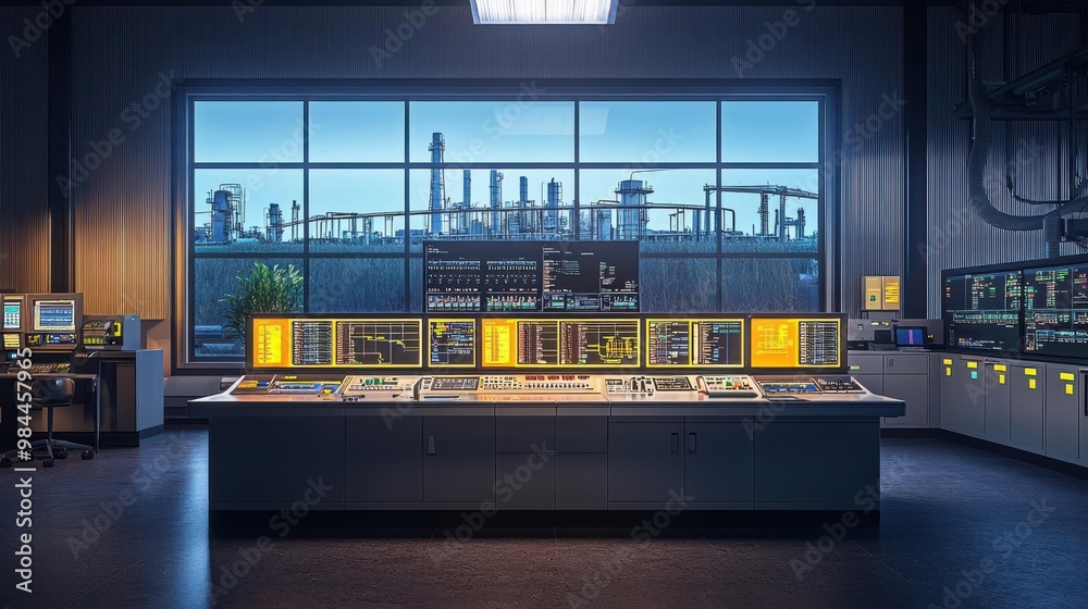 Industrial control room with a large screen displaying PLC and SCADA ...