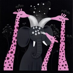 Poster - Three Pink Giraffes Giving a Black Elephant a Shower of White Dots