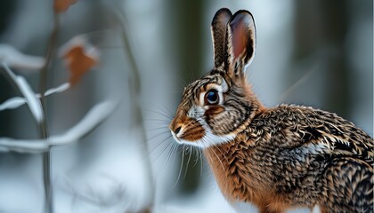 Curious hare exploring the snowy winter forest