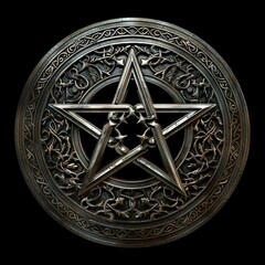 Intricate silver pentagram medallion with ornate design

