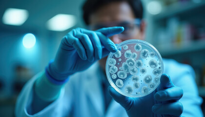 Wall Mural - cell therapy research - scientist holding petri dish with cells - medical illustration
