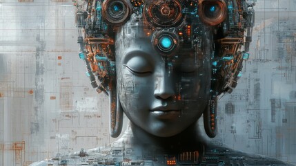 Poster - Close-up of a futuristic Buddha sculpture with intricate details, a blend of technology and spirituality.