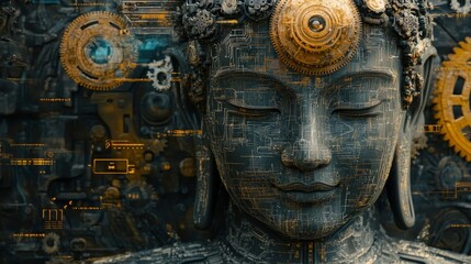 Wall Mural - Close-up of a robotic Buddha statue with circuit board texture and gold gears.