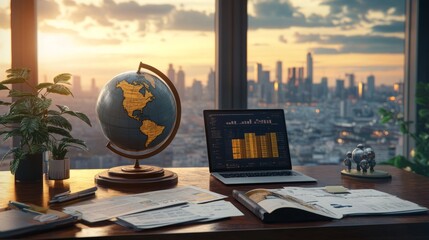 Desk with a globe, laptop, and cityscape view.