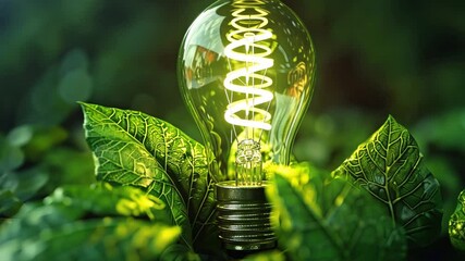 Leinwandbilder - A luminous light bulb is nestled among lush green leaves, casting a warm glow in a peaceful natural environment, emphasizing the harmony between technology and nature.