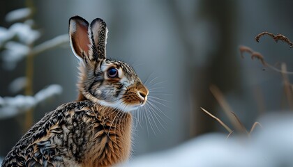 Wall Mural - Curious hare exploring the snowy winter forest