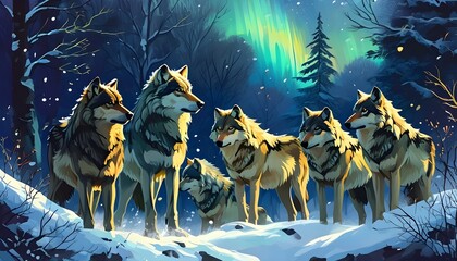 Wolves in a wintry forest beneath vibrant northern lights, their silhouettes framed by a mesmerizing natural display