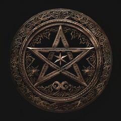 Intricate silver pentagram medallion with ornate design

