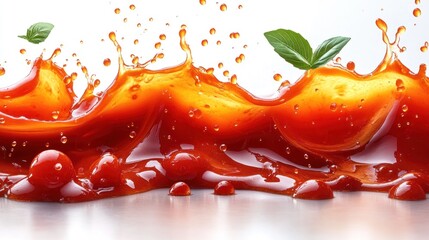 Wall Mural - Vivid splash of tomato sauce with droplets and mint leaves.