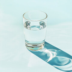 A glass with clean clear water and sharp shadows stands on a table. glass of water 
