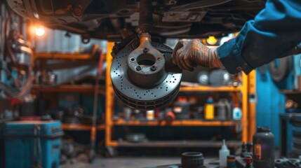 Car Mechanic Working on Brake Disc