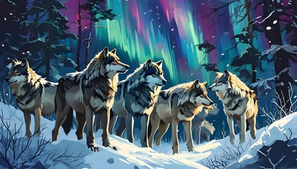 Wall Mural - Wolves in a wintry forest beneath vibrant northern lights, their silhouettes framed by a mesmerizing natural display