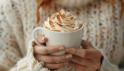 Woman holding cup of tasty pumpkin spice latte with whipped cream at white table, closeup