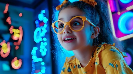 A young girl with yellow glasses looks up in awe, the neon lights casting vibrant hues.