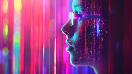 Aufkleber - abstract women face is illuminated by neon light technology virtual reality metaverse